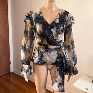 Amanda Uprichard Long Sleeve Floral Ruffle Wrap Top Size S
